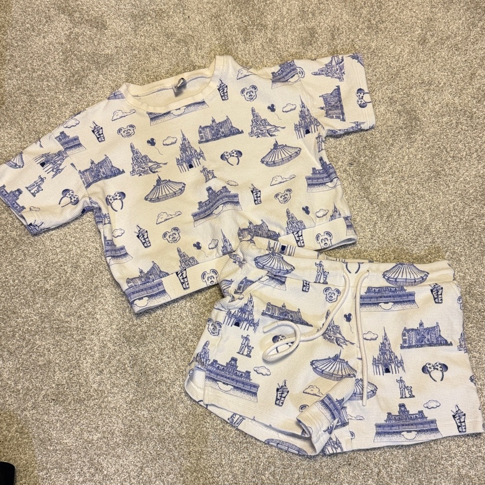 Blue and White Graphic Tee and Shorts Set